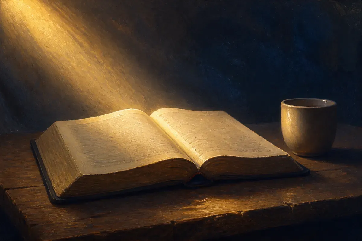 Una página abierta de la Biblia iluminada por un solo rayo cálido junto a una taza de cerámica sencilla