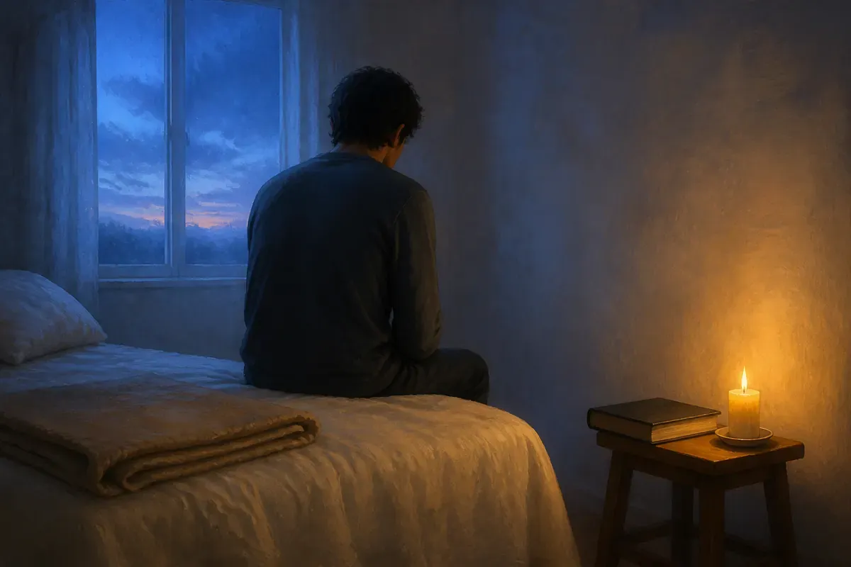 Una persona vista de espaldas se sienta en una cama bajo la luz azul del amanecer junto a una Biblia cerrada y una vela encendida