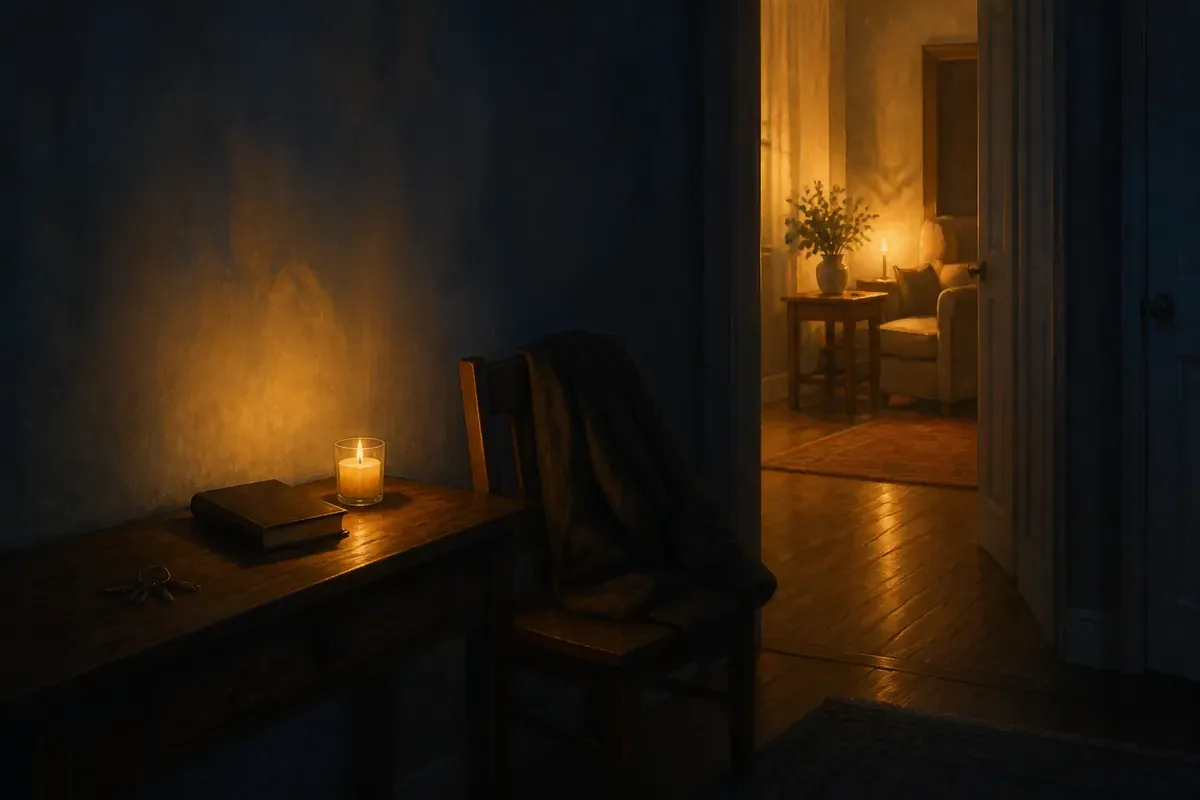 A candle and closed Bible sit on an entry table beside keys and a folded coat, with a warm room beyond an open doorway.