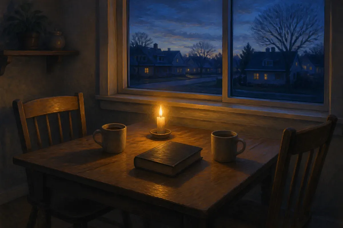 Dos sillas y dos tazas alrededor de una mesa con una vela y una Biblia cerrada al anochecer