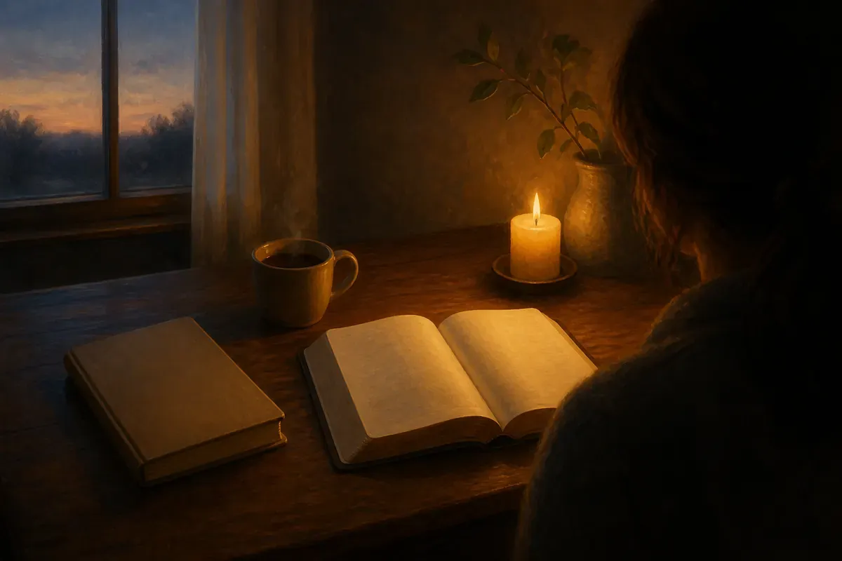 Una persona vista de espaldas ante un escritorio con un diario en blanco, una Biblia sin marcas, té y una vela antes del amanecer