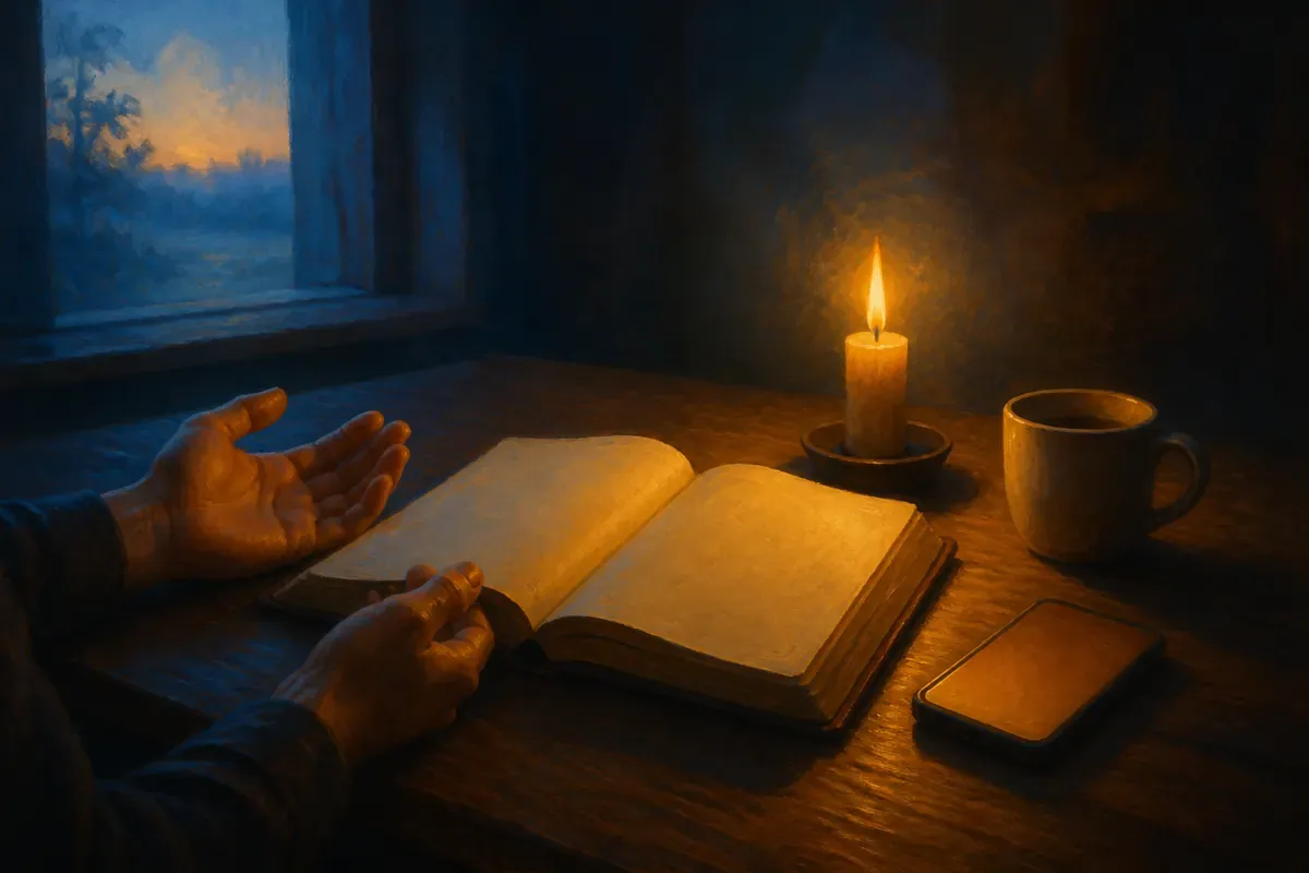 Unas manos abiertas descansan junto a una Biblia abierta, una vela, café y un teléfono con un resplandor cálido al amanecer
