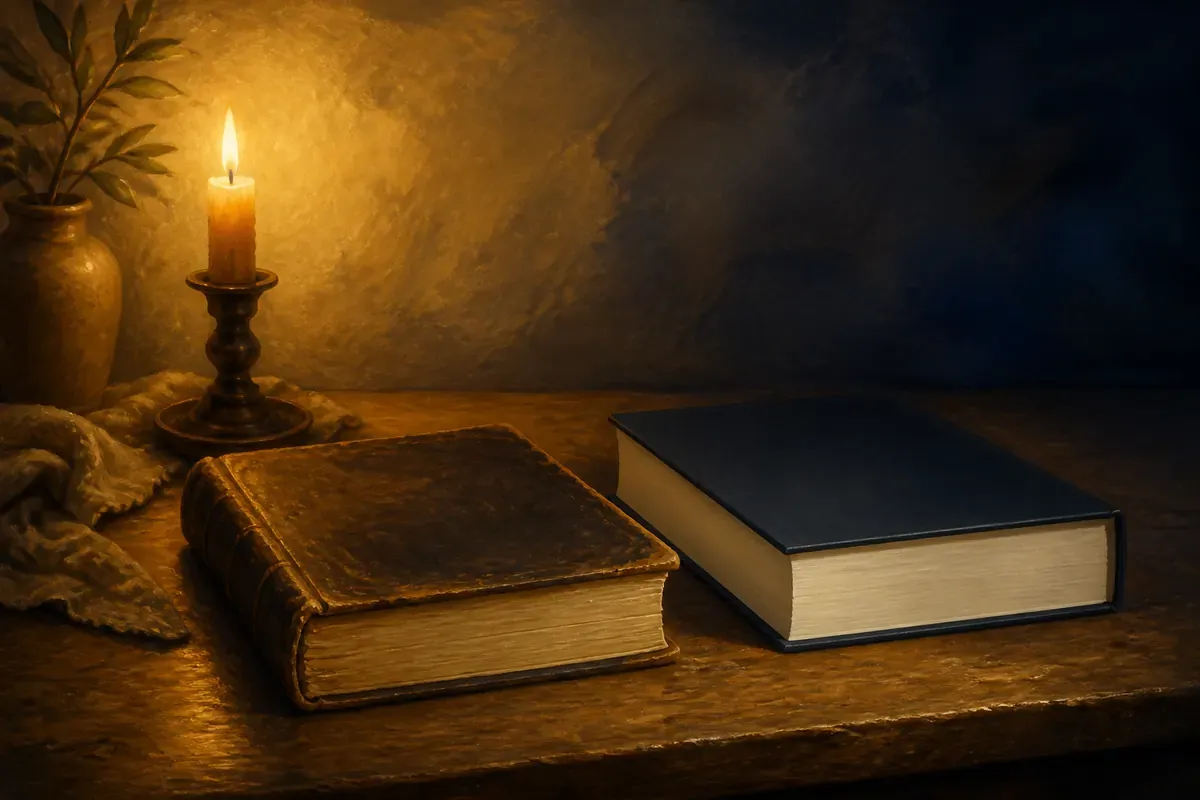Una Biblia antigua y otra contemporánea descansan juntas sobre una mesa iluminada por una vela.
