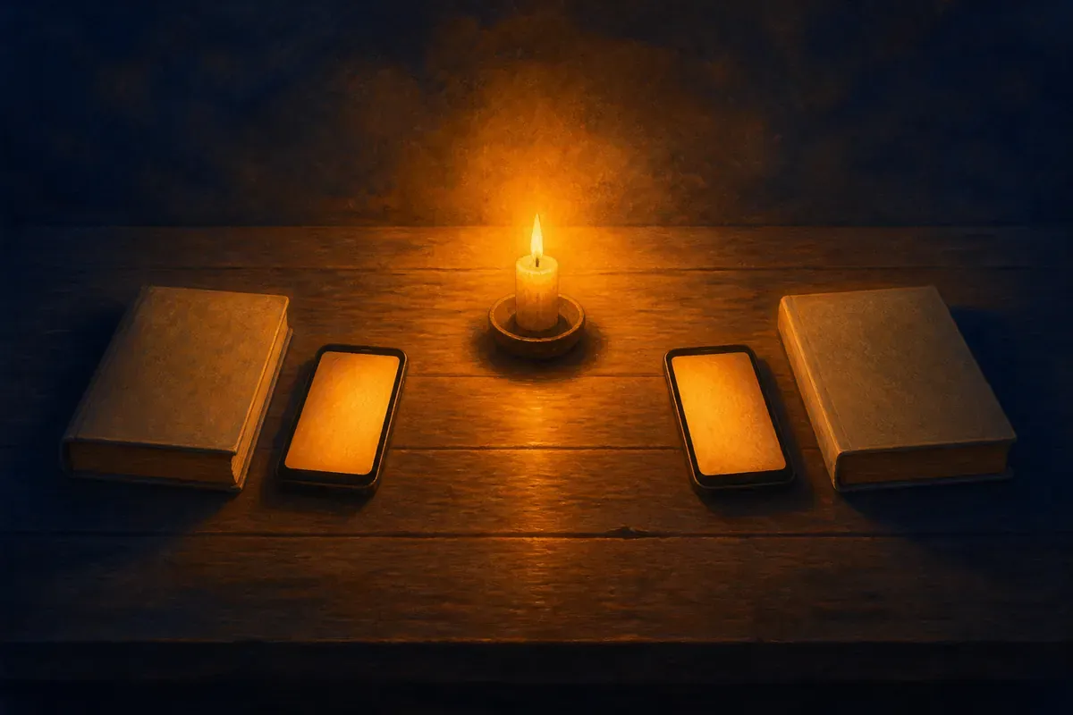 Dos teléfonos con pantallas cálidas y vacías descansan entre dos Biblias cerradas y una sola velita encendida sobre una mesa de madera