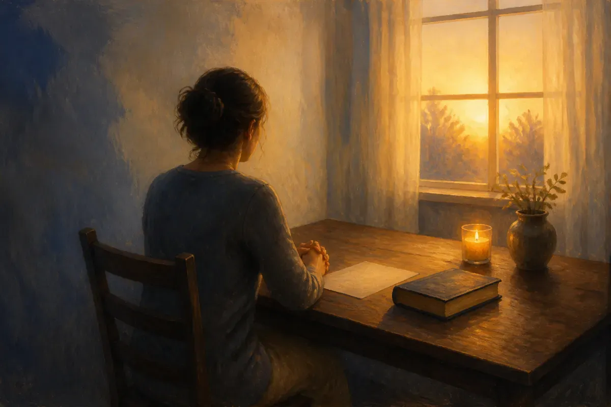 Una persona vista de espaldas ante una mesa de oración, con una hoja en blanco, una Biblia cerrada y una vela junto a una ventana iluminada por el sol