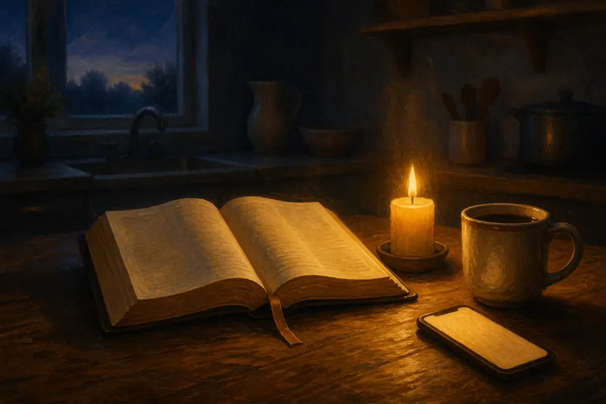 Una mesa de cocina antes del amanecer, con una Biblia abierta, una vela y un teléfono que proyecta un resplandor cálido.