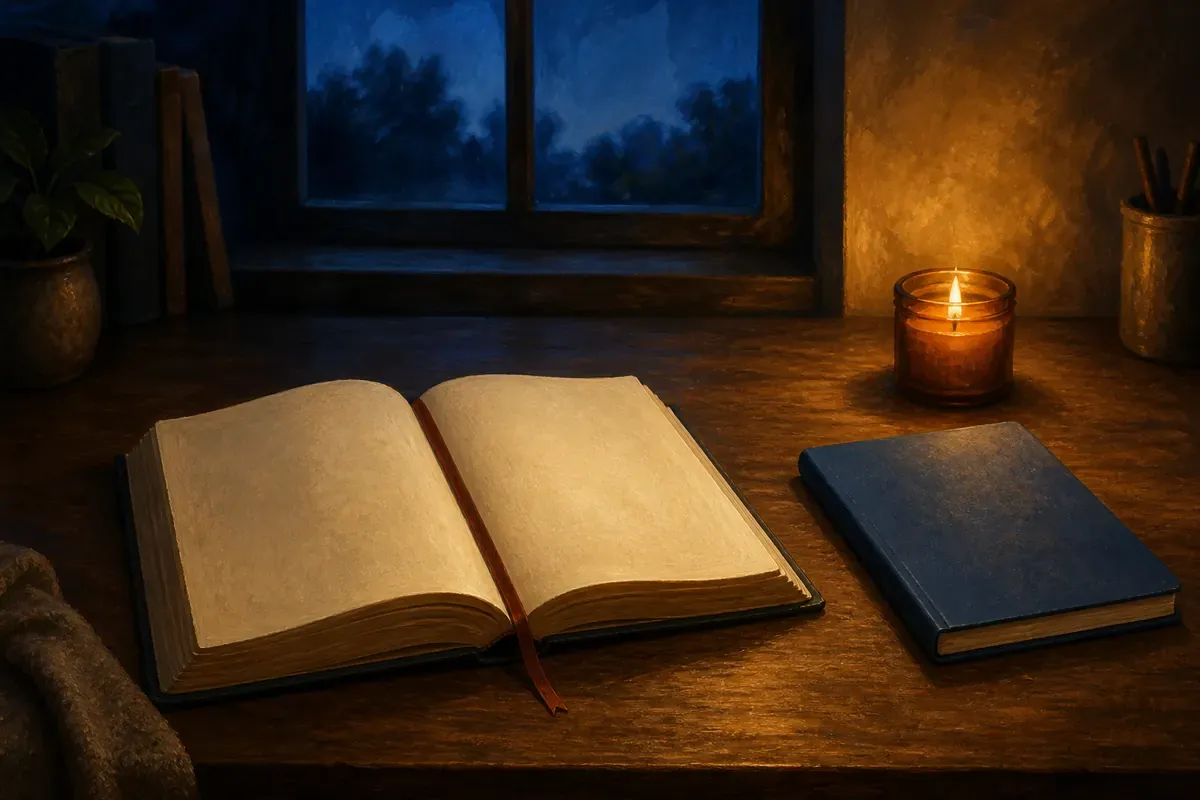 Una Biblia abierta con páginas en blanco, un libro azul oscuro cerrado, una vela y una ventana nocturna sobre un escritorio de madera cálida