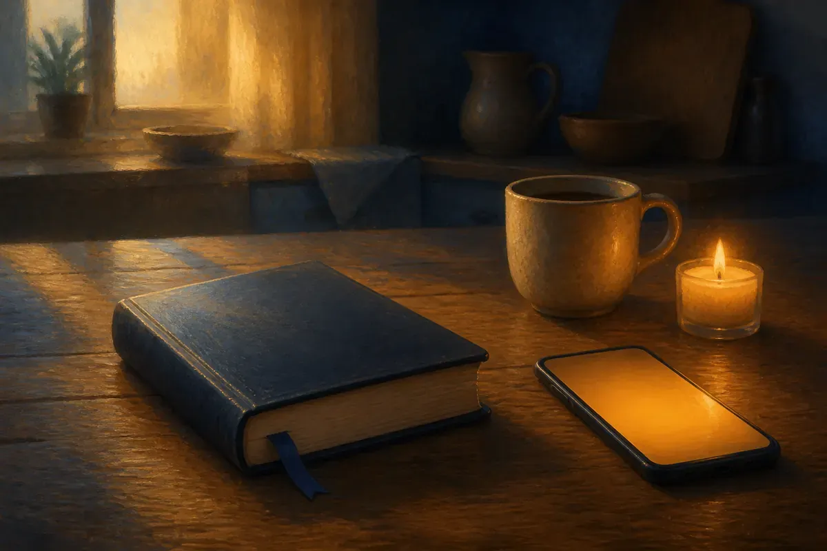 Una Biblia cerrada con una cinta azul, un teléfono iluminado con calidez, café y una velita sobre una mesa al amanecer
