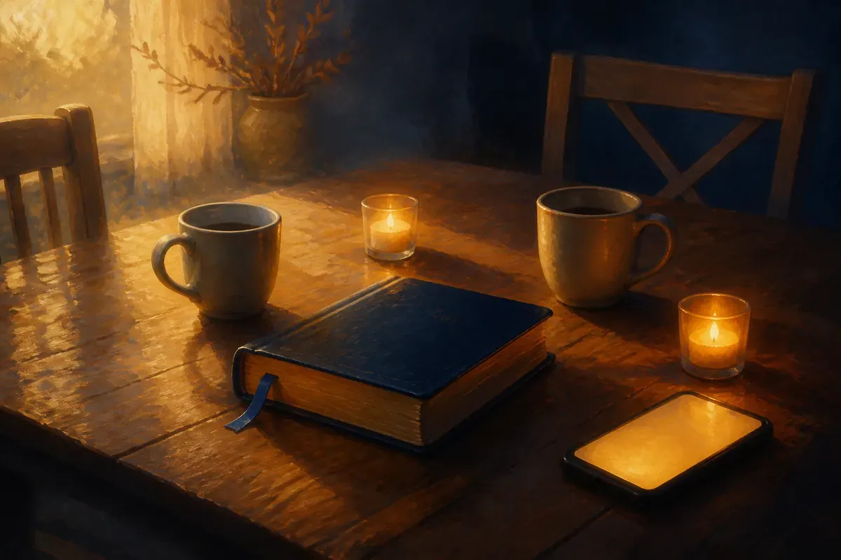 Una mesa tranquila con dos tazas, una Biblia cerrada, velas y un teléfono iluminado antes del amanecer