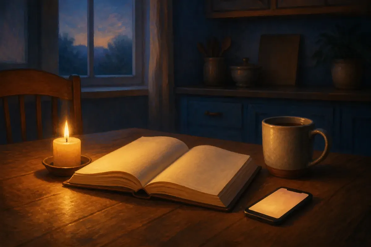 Una Biblia abierta, una vela, una taza y un teléfono suavemente iluminado sobre una mesa tranquila antes del amanecer