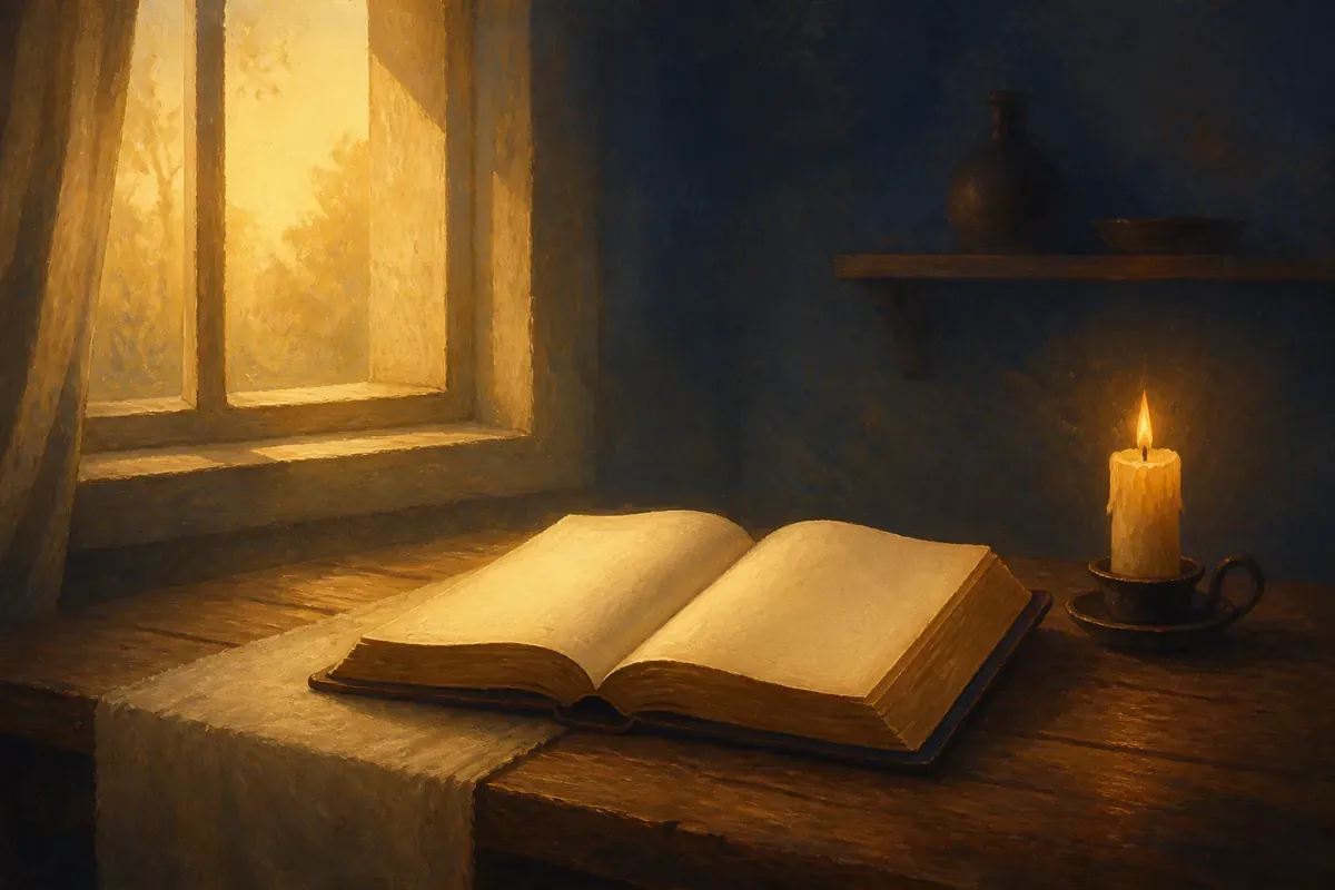 Biblia abierta y vela sobre una mesa tranquila junto a una ventana