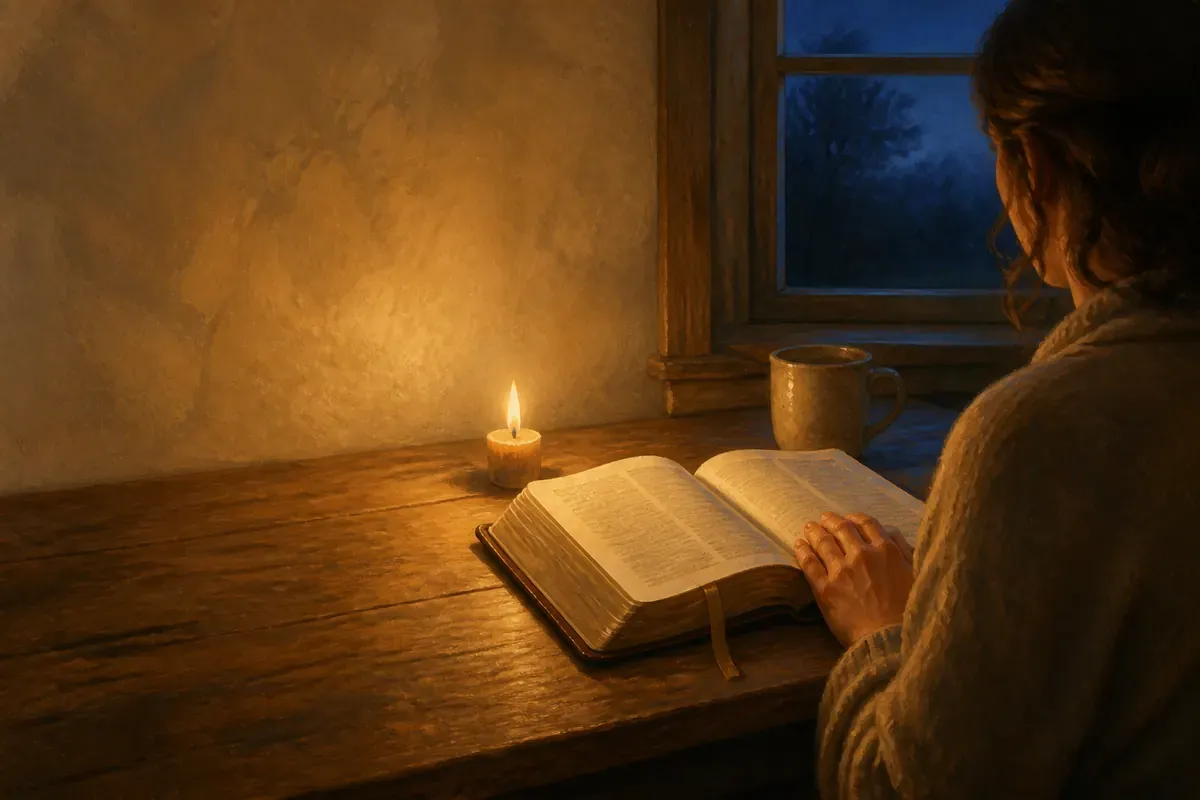 Una persona vuelve a abrir con calma una Biblia abierta a la luz de una vela después de faltar un día
