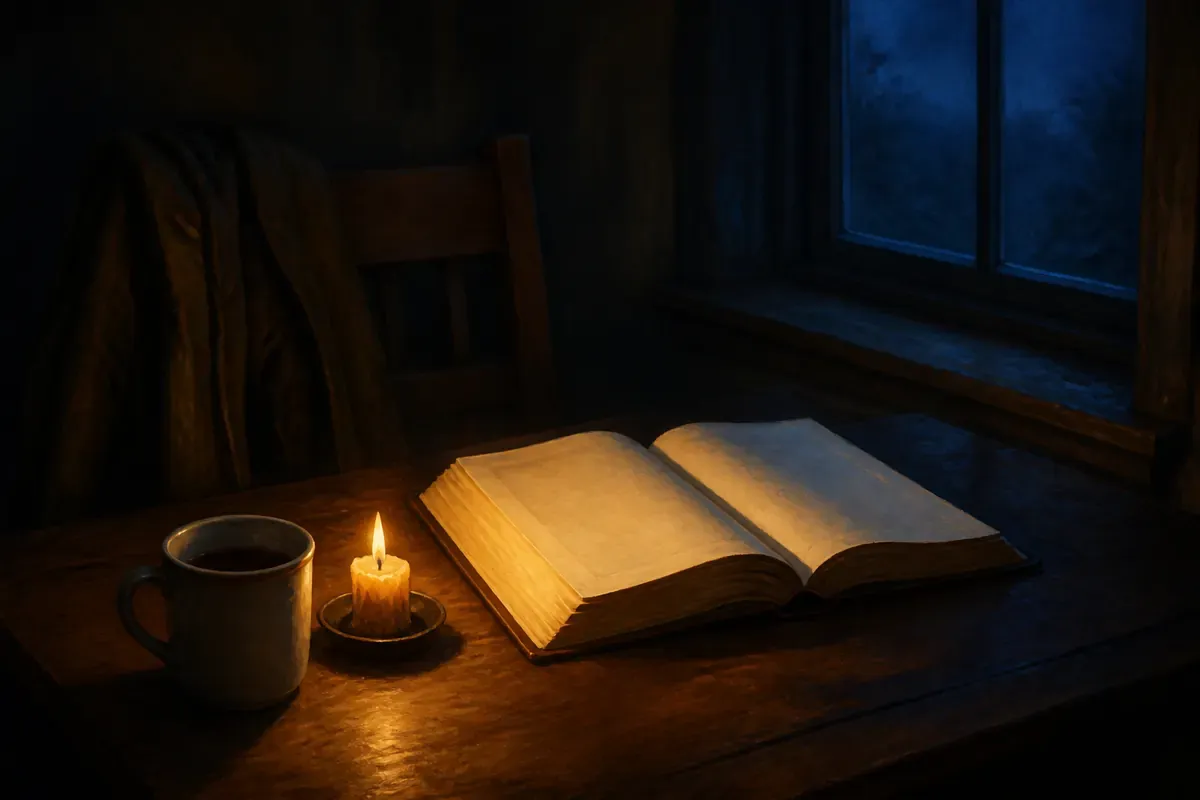 Una Biblia abierta sobre la mesa junto a una vela casi consumida, una taza fría y un abrigo junto a una ventana azul