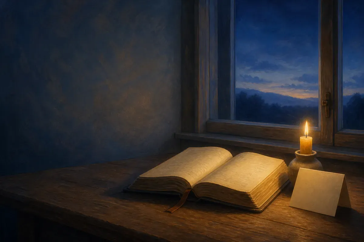 Una Biblia abierta, una vela y una tarjeta de cumpleaños en blanco sobre una mesa de madera junto a una ventana al amanecer