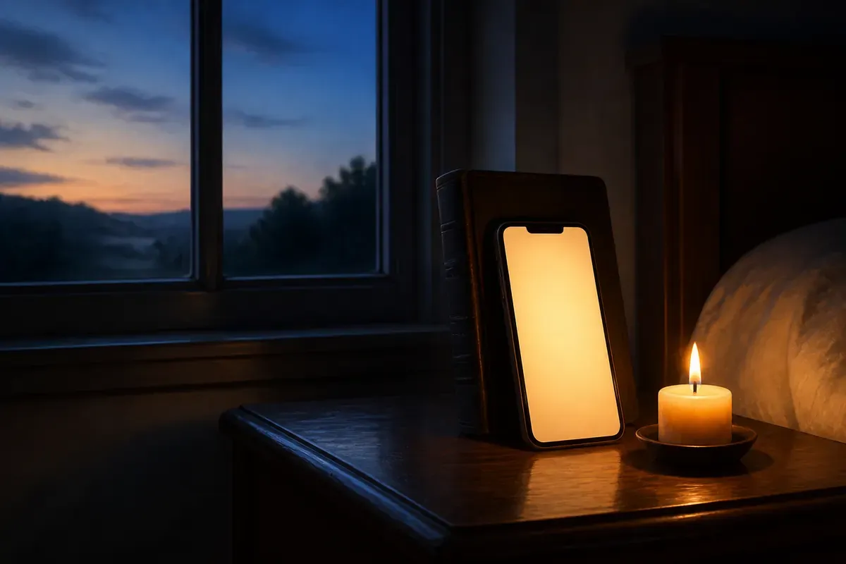 Un teléfono resplandeciente descansa sobre una Biblia cerrada junto a una velita encendida en una mesa de noche antes del amanecer