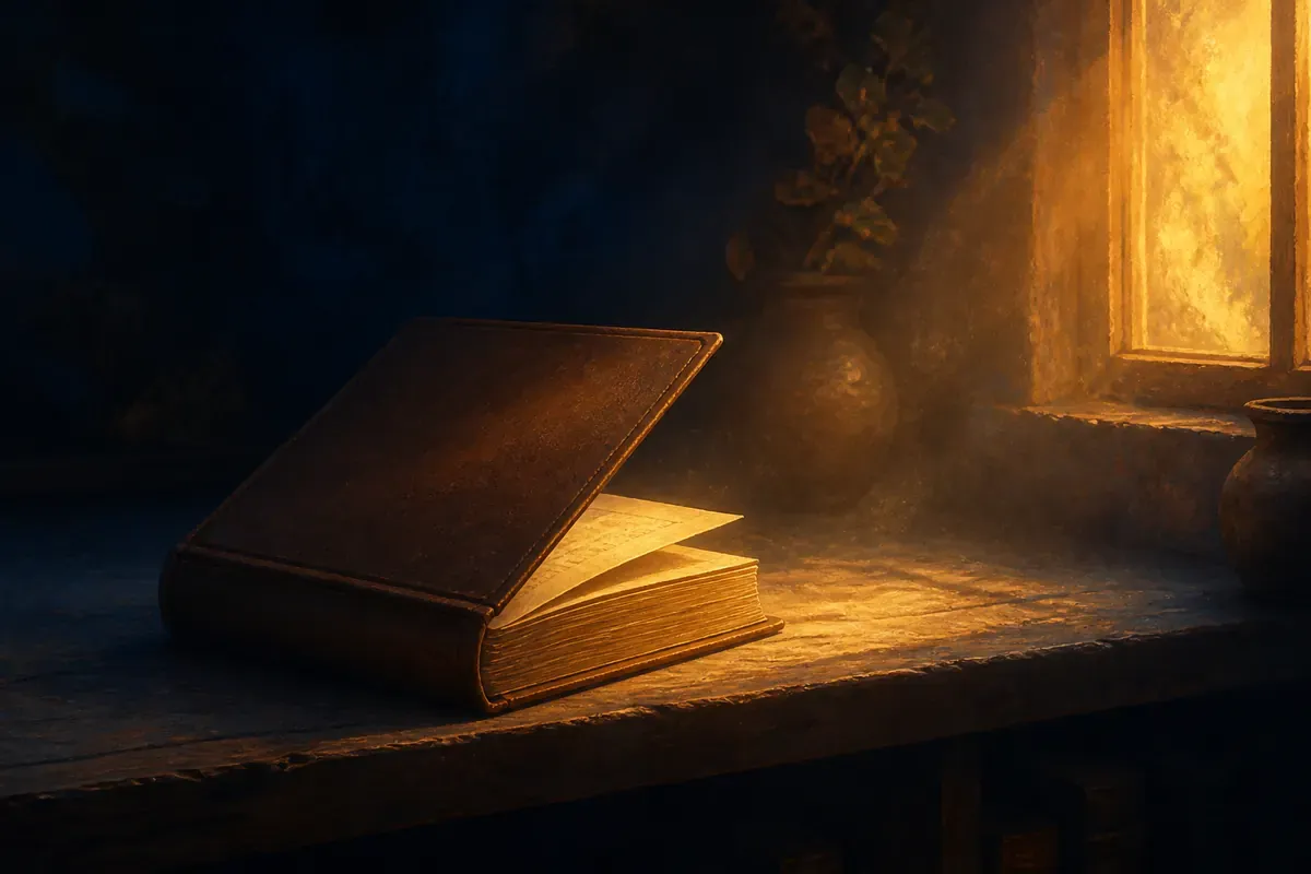 A leather Bible that has sat closed for months, opened again by a shaft of warm light