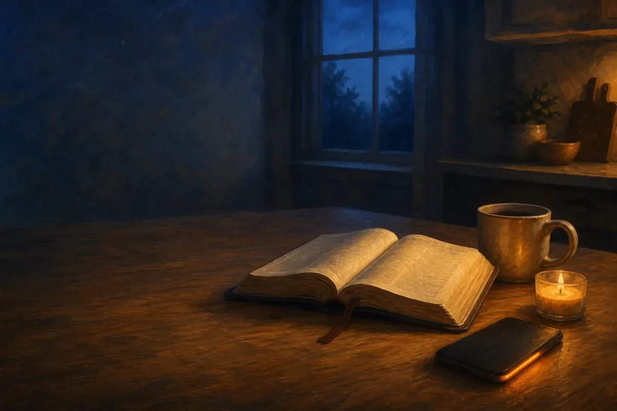 Una Biblia abierta, café, una vela y un teléfono suavemente iluminado sobre una mesa tranquila antes del amanecer