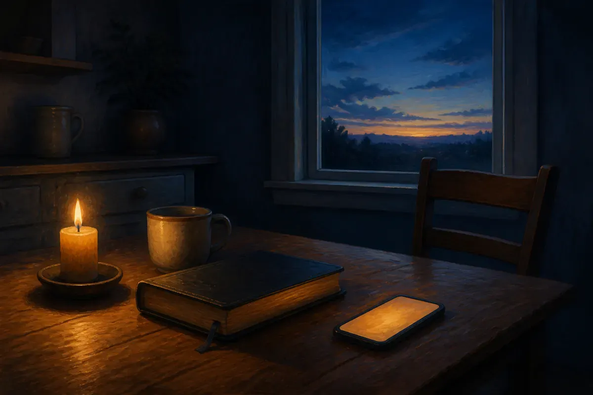 Biblia, vela, taza y teléfono iluminado suavemente sobre una mesa tranquila antes del amanecer, con una silla vacía junto a la ventana