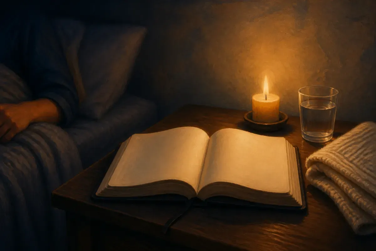A bedside table with an open Bible, candle, water, and folded blanket beside a resting person before dawn
