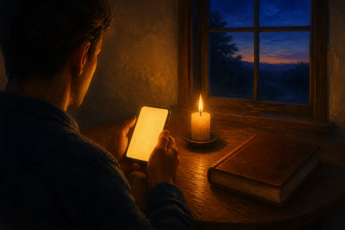 Unas manos sostienen un teléfono ante una mesa de madera antes del amanecer, junto a una velita encendida y una Biblia cerrada