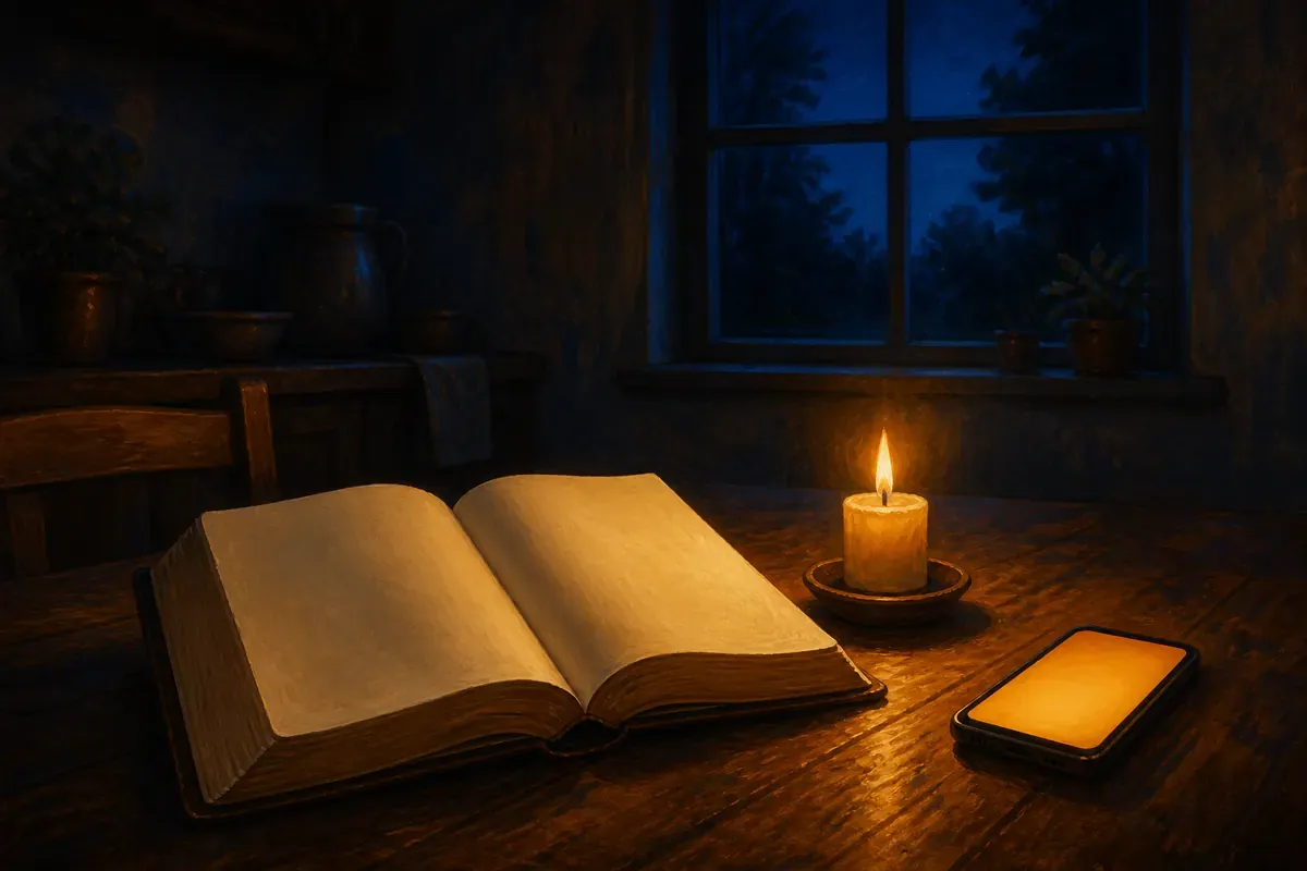 Una Biblia abierta, una vela y un teléfono con un resplandor cálido sobre una mesa después de medianoche