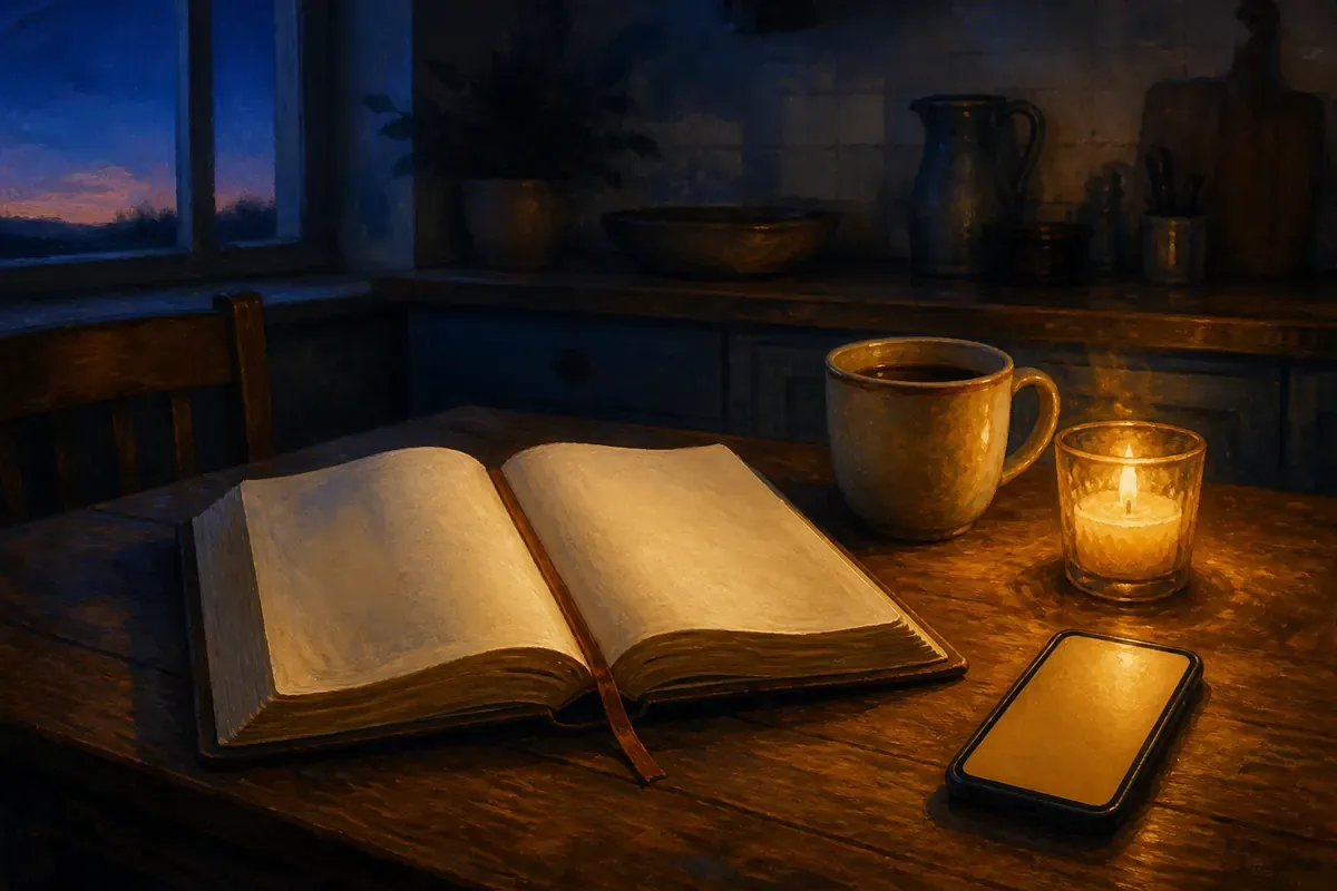 Una Biblia abierta, café, una vela y un teléfono suavemente iluminado sobre una mesa tranquila de cocina antes del amanecer