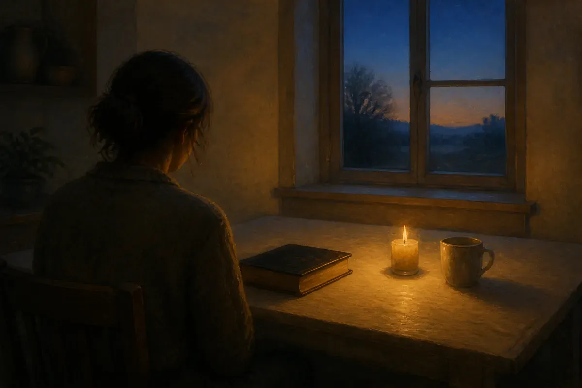 A person sits at a kitchen table before dawn with a closed Bible, a candle, and a cup by the window.