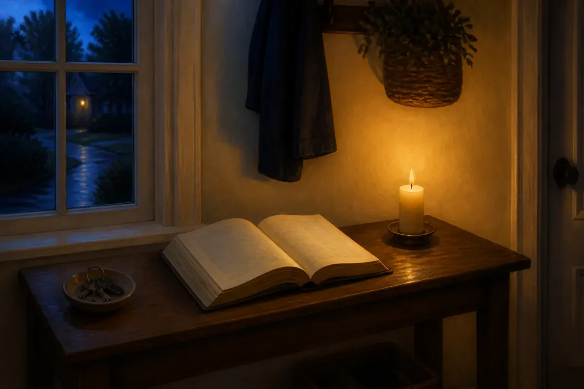 Una Biblia abierta y una vela recién encendida sobre una mesa de entrada, junto a un cuenco de llaves al anochecer