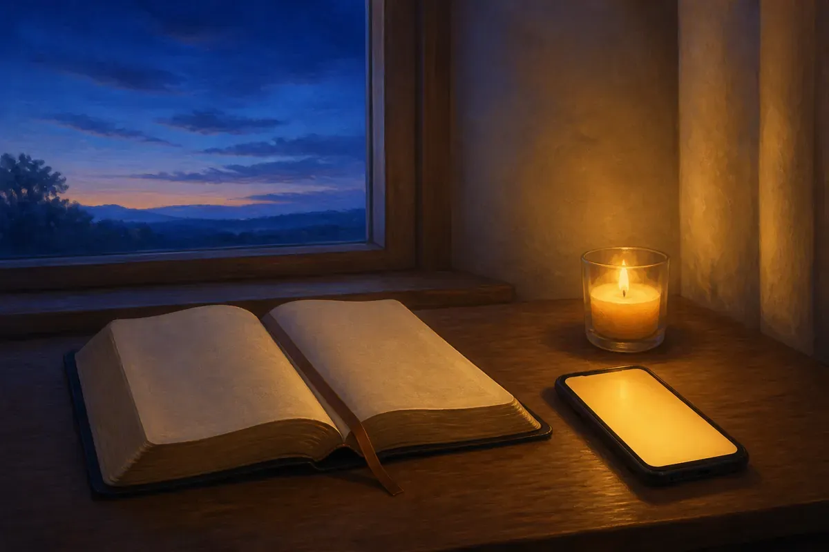 Una Biblia abierta y un teléfono con un resplandor cálido sobre una mesa de noche al amanecer