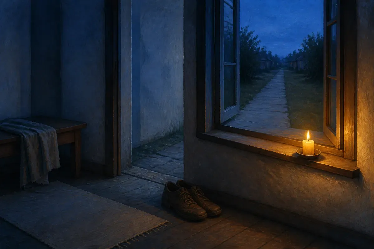 Unos zapatos de caminar gastados descansan junto a una ventana abierta; un sendero continúa en el atardecer azul, iluminado por una vela