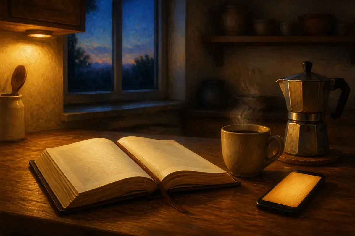 Una Biblia abierta junto a una taza de café, una cafetera y un teléfono con una pantalla cálida y sencilla