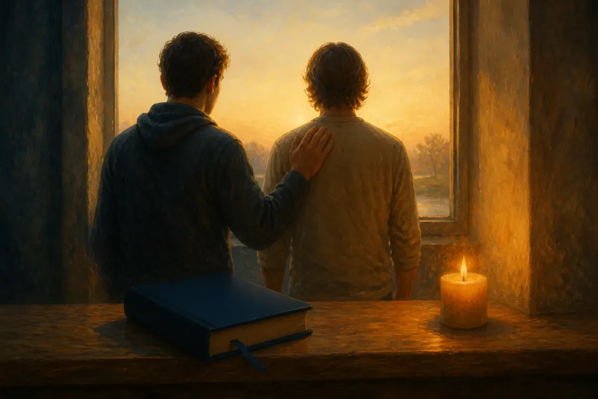 Dos amigos están juntos frente a una ventana luminosa; una mano descansa sobre el hombro de la otra, junto a una Biblia cerrada y una vela