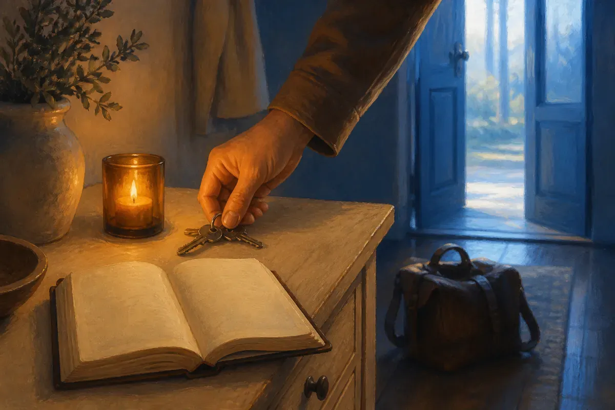 Una mano deja unas llaves sobre una mesa de entrada junto a una Biblia abierta, una vela y una bolsa de trabajo, cerca de una puerta abierta