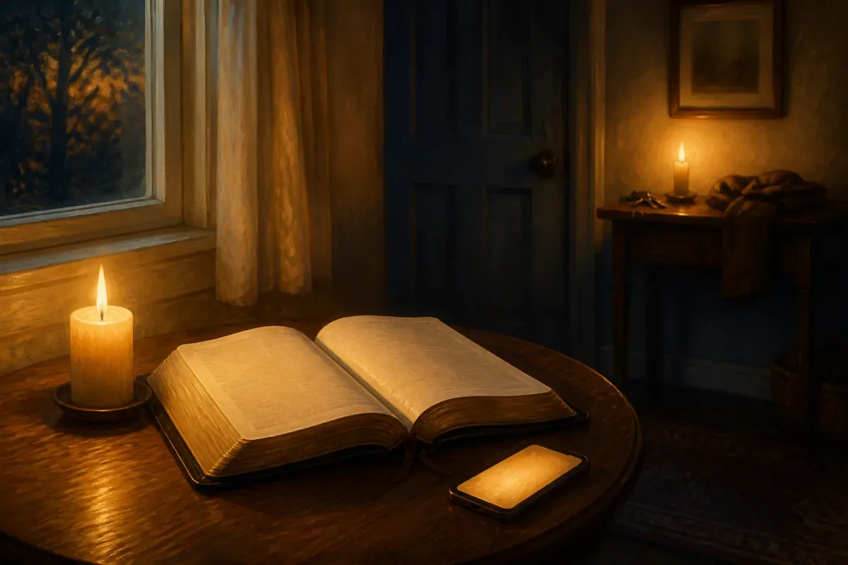 Una Biblia abierta, una vela y un teléfono suavemente iluminado sobre una mesa redonda cerca de una ventana y una entrada.