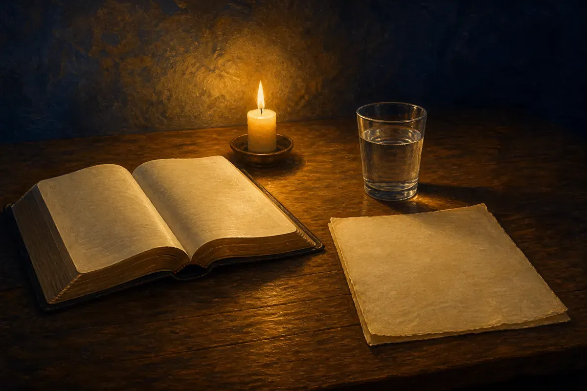 Una Biblia abierta, una vela encendida, un vaso de agua y una hoja en blanco sobre una mesa de madera