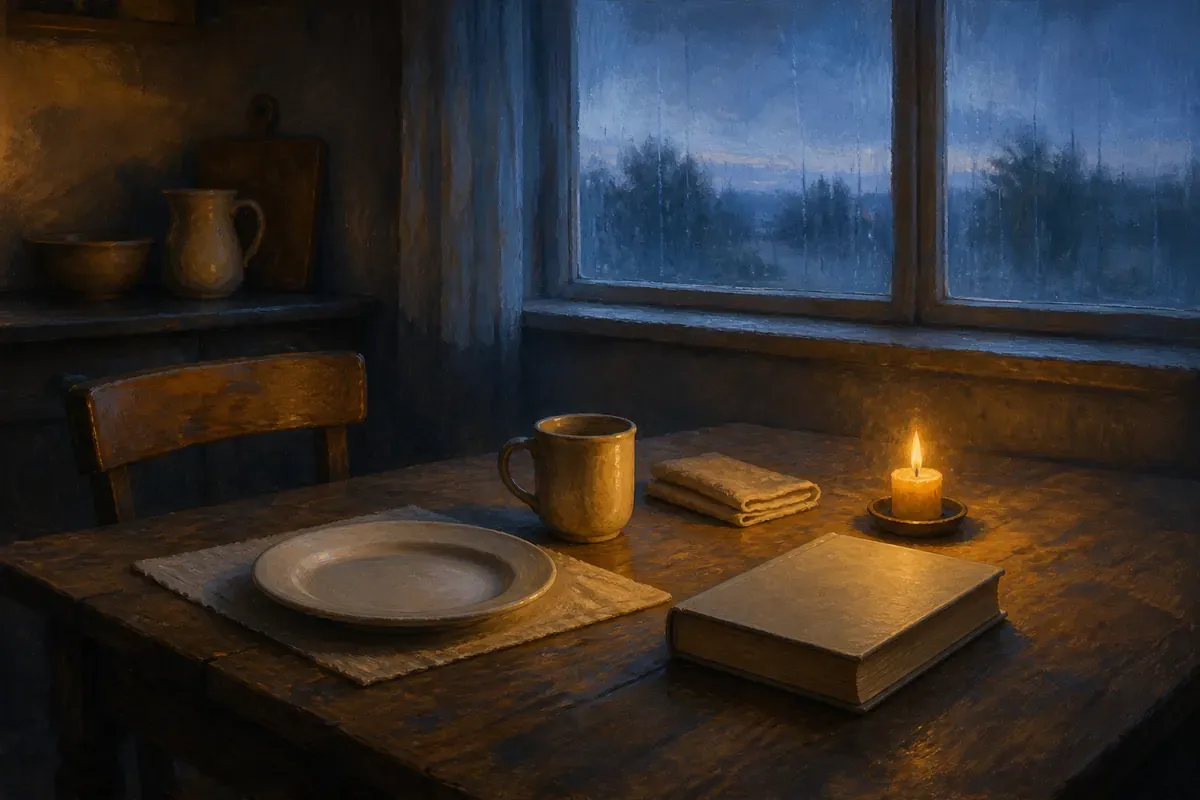 Una mesa con un lugar intacto, una taza caliente, una servilleta doblada, una vela y una Biblia cerrada junto a una ventana lluviosa