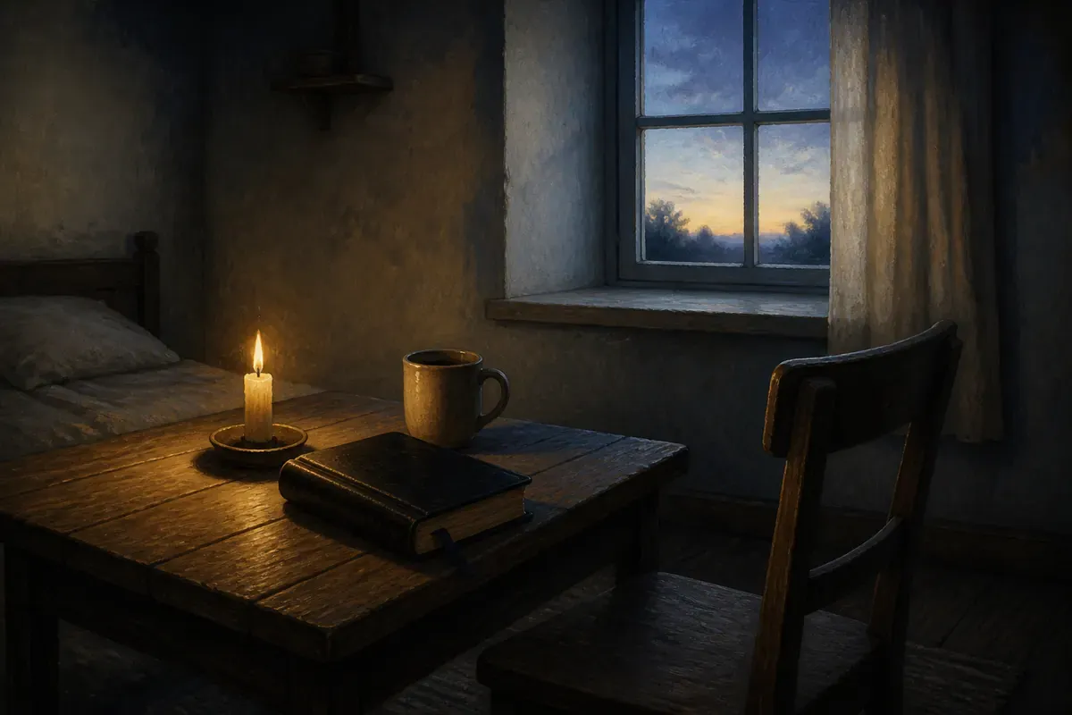 Biblia cerrada, vela, taza y silla junto a una ventana al amanecer