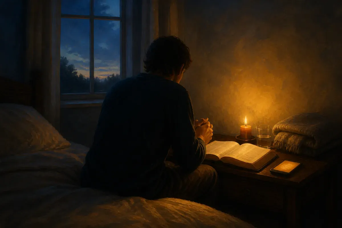 Una persona sentada al borde de la cama, con las manos juntas, junto a una Biblia abierta y una vela al amanecer