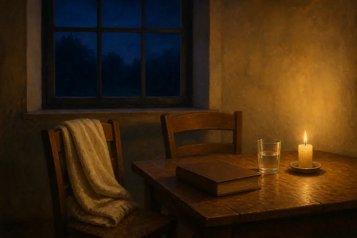 Una Biblia cerrada, un vaso de agua, una vela y dos sillas juntas en una habitación tranquila por la noche