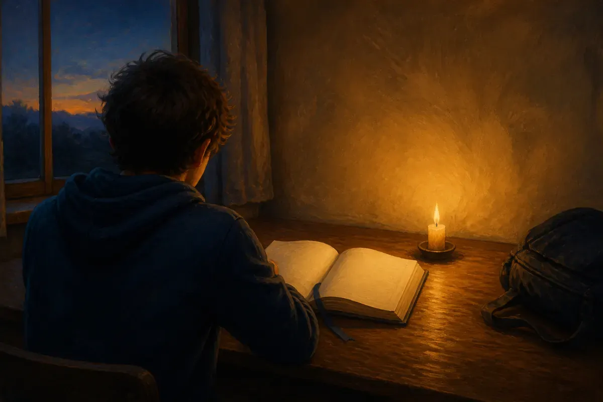 Un adolescente visto de espaldas ante una mesa con una Biblia abierta en blanco, una vela encendida y una mochila