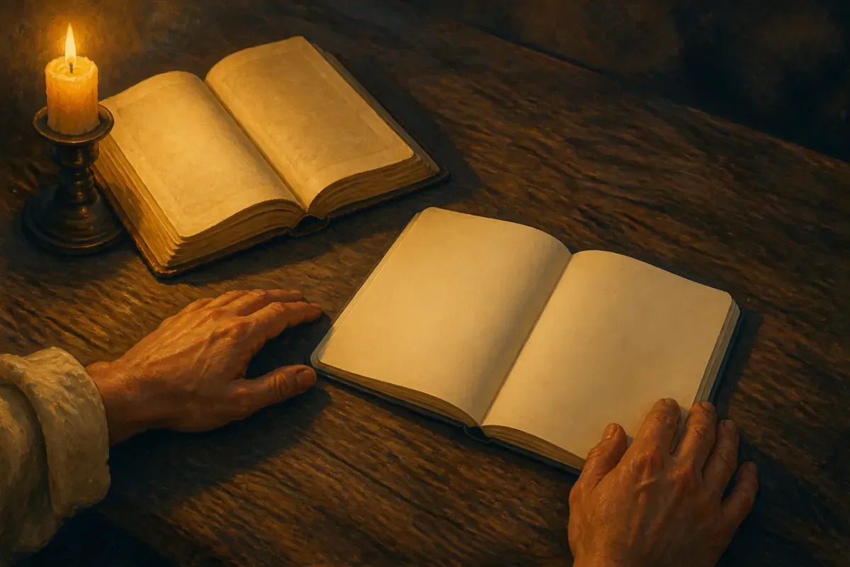 Unas manos descansan junto a una Biblia abierta y un cuaderno en blanco bajo una luz suave