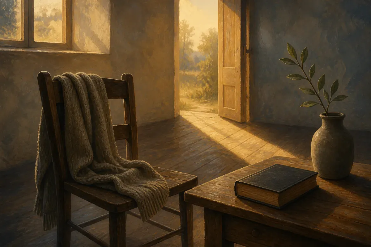 Un suéter gastado sobre una silla vacía junto a una rama verde, una Biblia cerrada y una puerta abierta