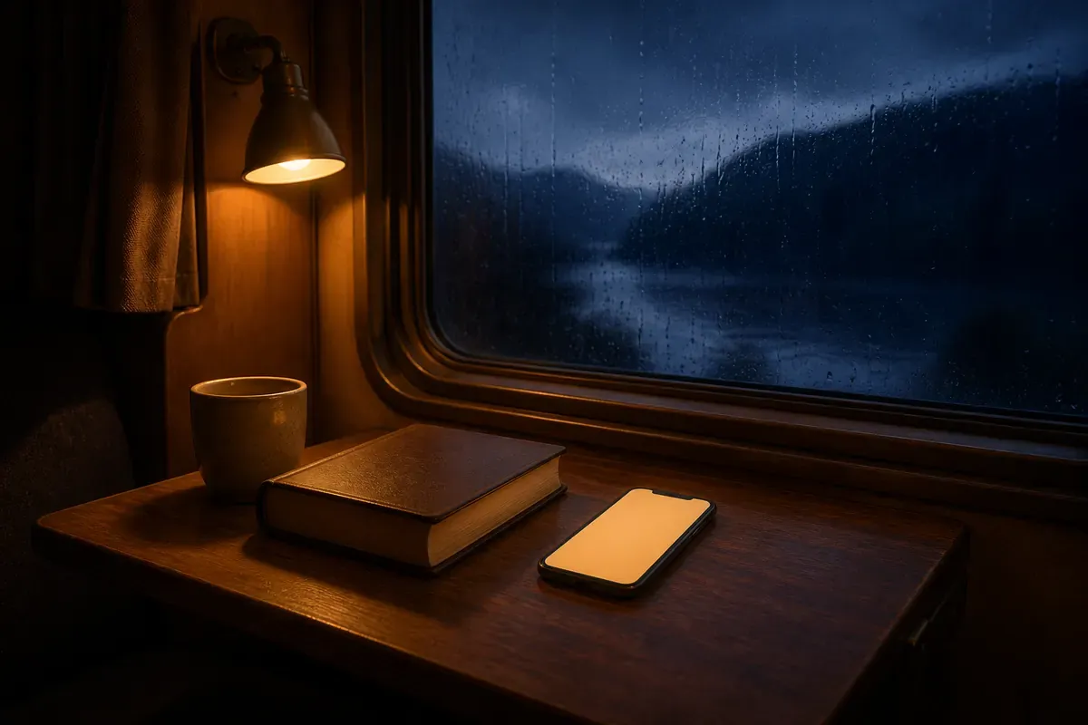 Un teléfono con un brillo suave, una Biblia cerrada y café sobre una mesa de tren junto a una ventana marcada por la lluvia