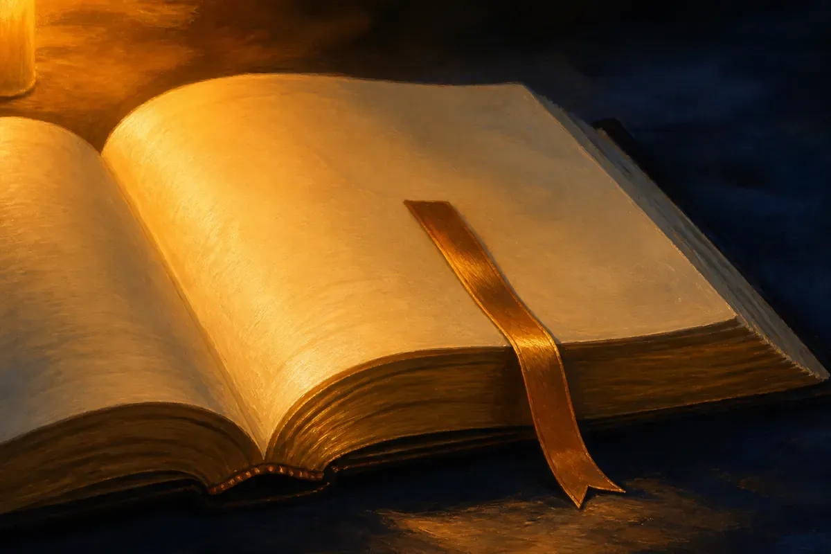 An open Bible with a single silk ribbon marking one short passage, lit by candlelight