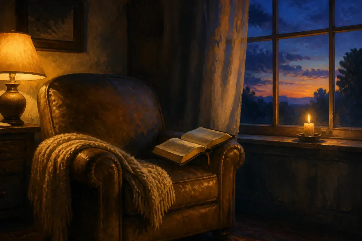A worn armchair by a window at dusk with an open Bible on the arm and a lit candle on the sill