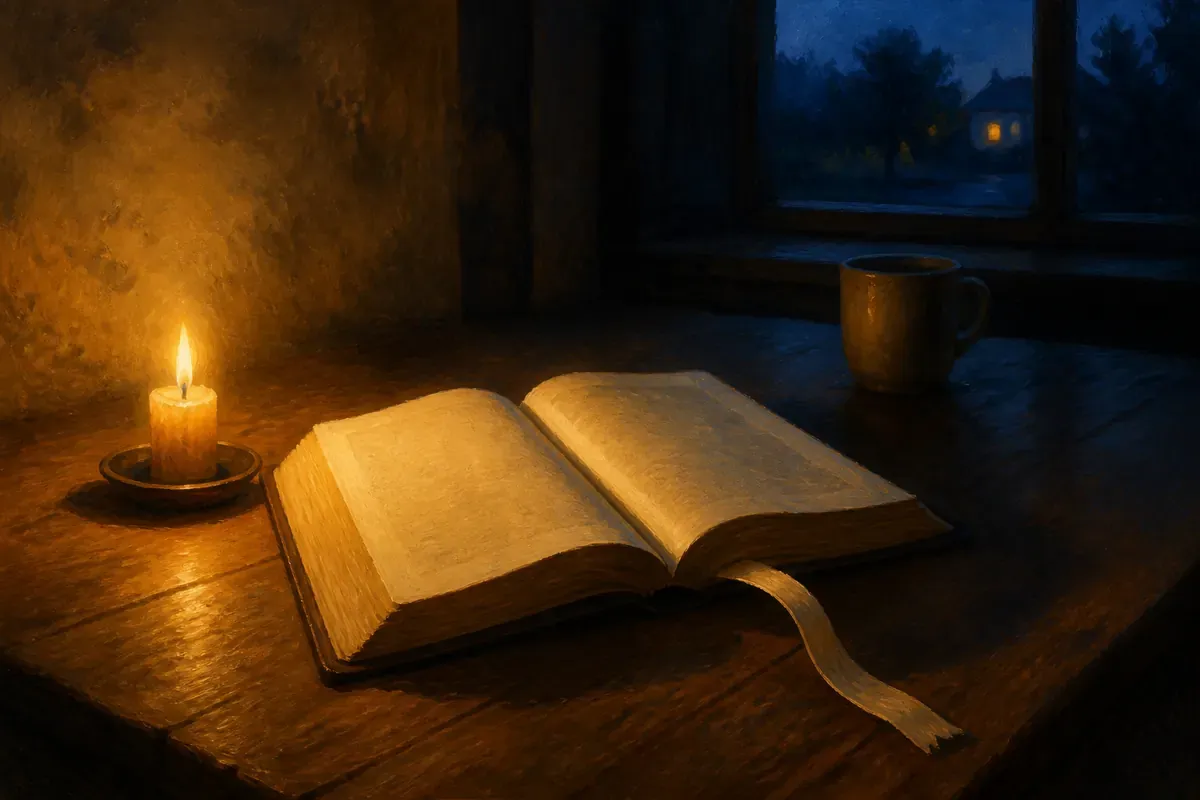 An open Bible with softly blurred pages rests beside a candle and cup on a wooden table in the evening.