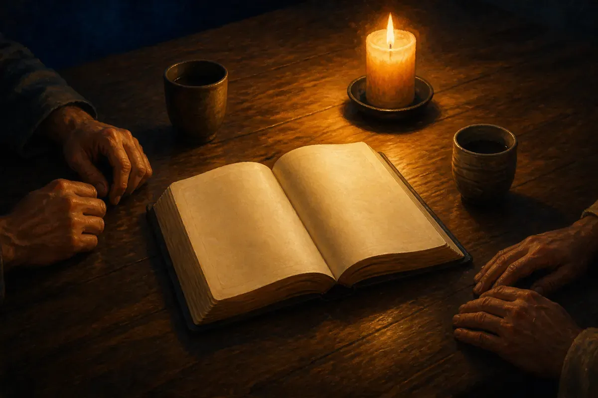 Dos tazas y una Biblia abierta sobre una mesa junto a unas manos en reposo