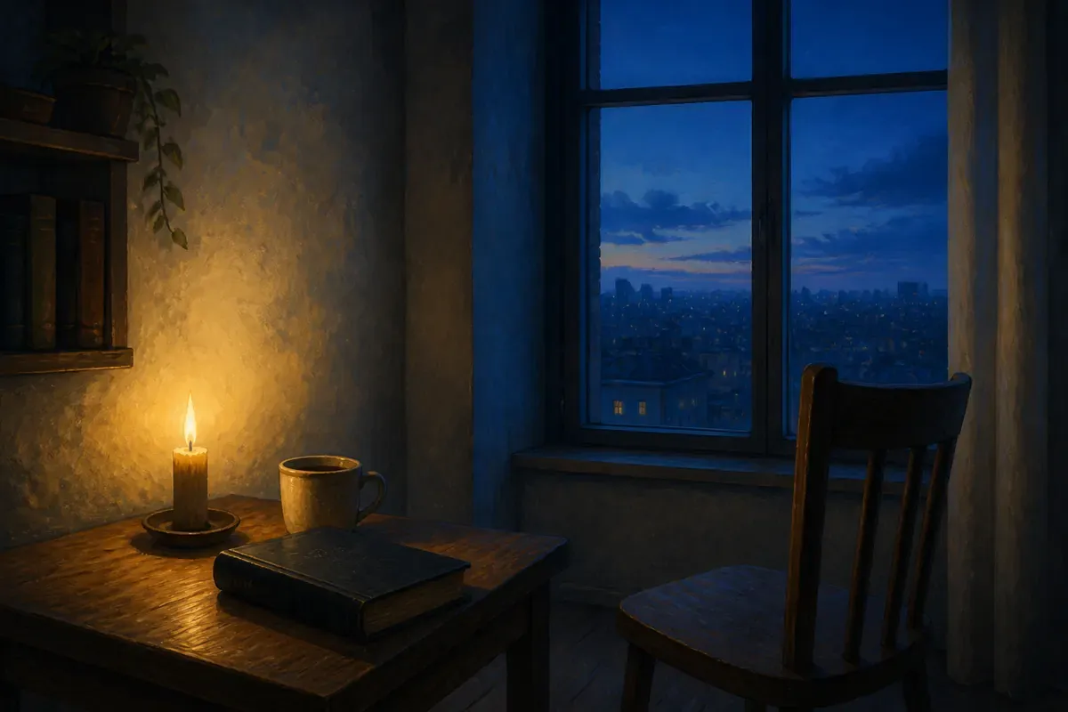 Biblia cerrada, vela y taza sobre una mesa pequeña junto a una silla vacía y una ventana azul de ciudad