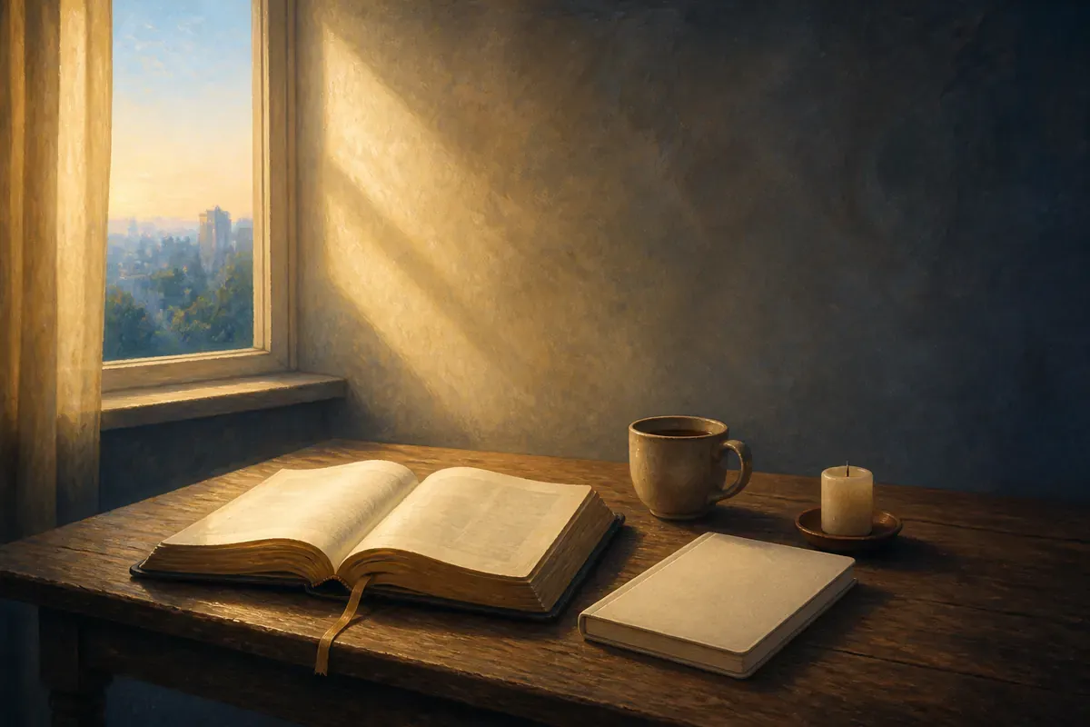 Una Biblia abierta, un cuaderno en blanco, una taza de café y una vela sobre una mesa tranquila en la mañana de un cumpleaños