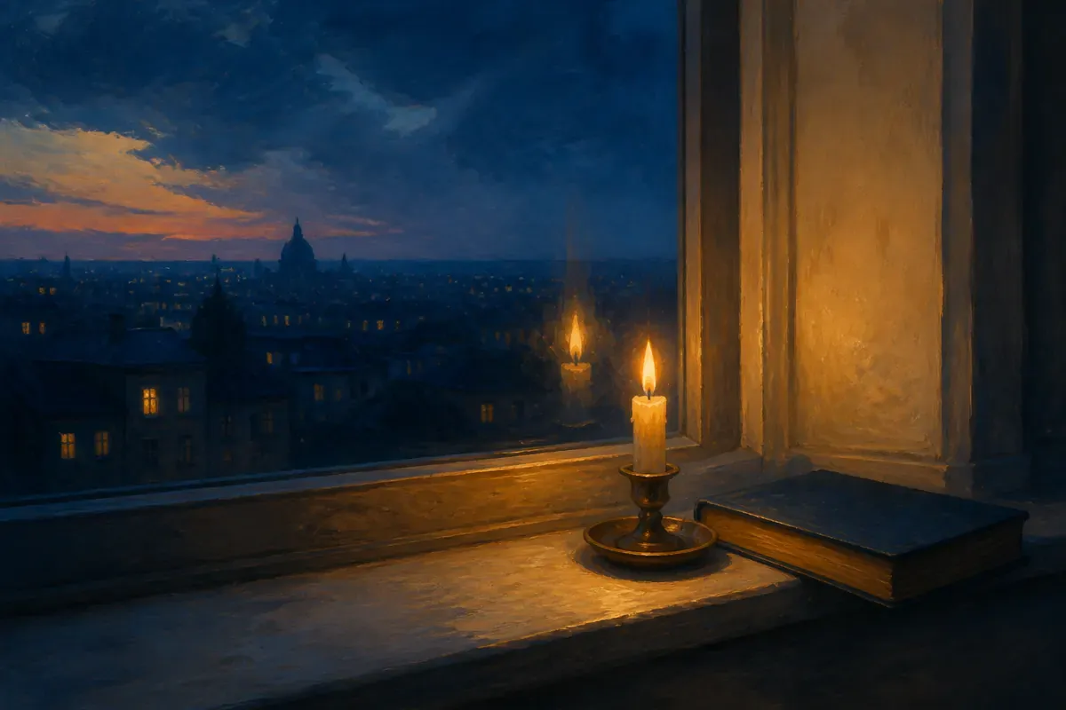 A single candle lit on a windowsill at dusk, the city outside deep blue and quiet
